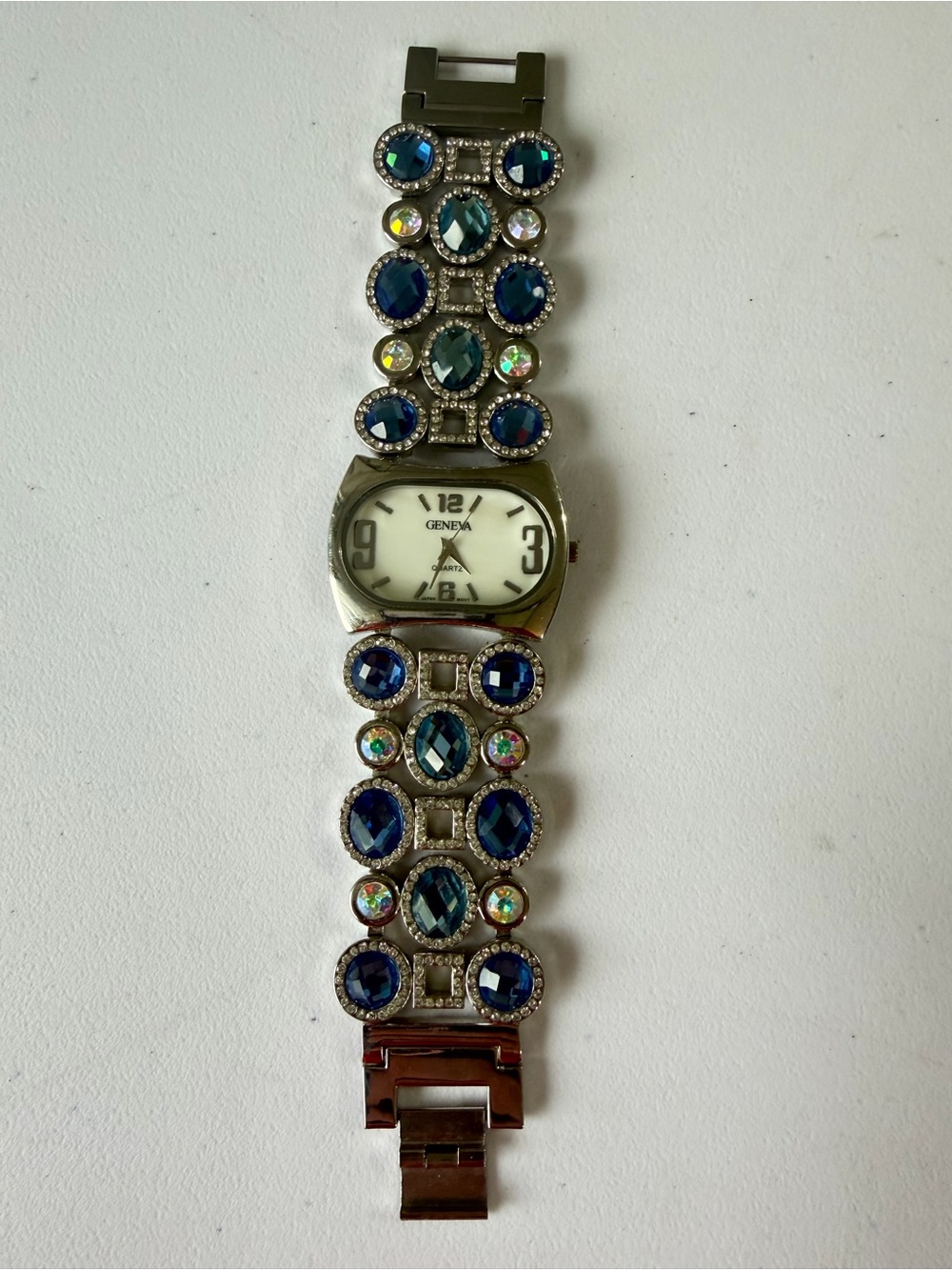 Geneva Silver Bracelet Watch with Blue and Iridescent Stones